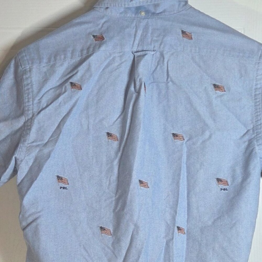 Ralph Lauren Mens Lt Blue St-Sleeve Button-Up Shirt American Flag Embroidery Sm - Picture 4 of 7